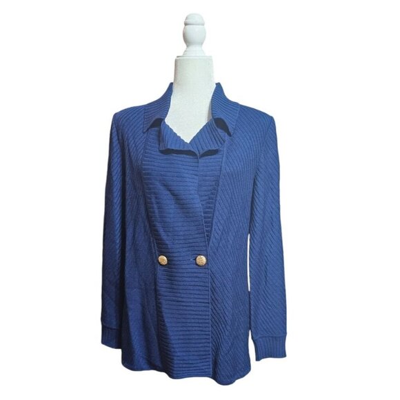 ST. JOHN navy blue knit ribbed long boyfriend cardigan gold buttons size 10 - Picture 1 of 8
